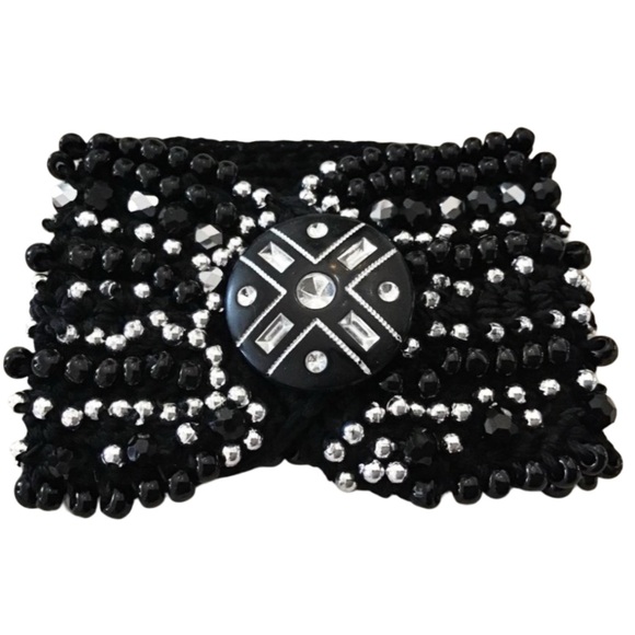 Black and Silver Crochet Beaded Cuff Bracelet